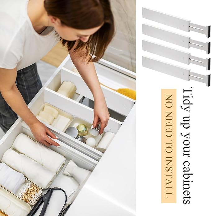 Wesiti 12 Pieces White Bamboo Drawer Dividers Expandable Organization Separators Adjustable Drawer Dividers Dresser Organizer for Kitchen Bedroom(13''-17'')
