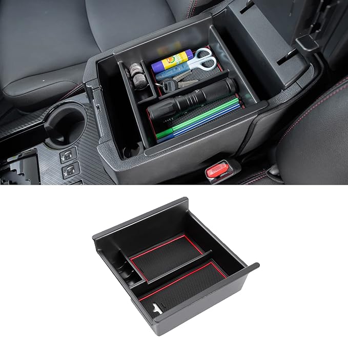JDMCAR Center Console Organizer Compatible with Toyota 4Runner Accessories 2010-2024 and Kia Telluride (2020-2024), Insert ABS Black Materials 4 Runner Tray, Armrest Box Secondary Storage -Red Trim