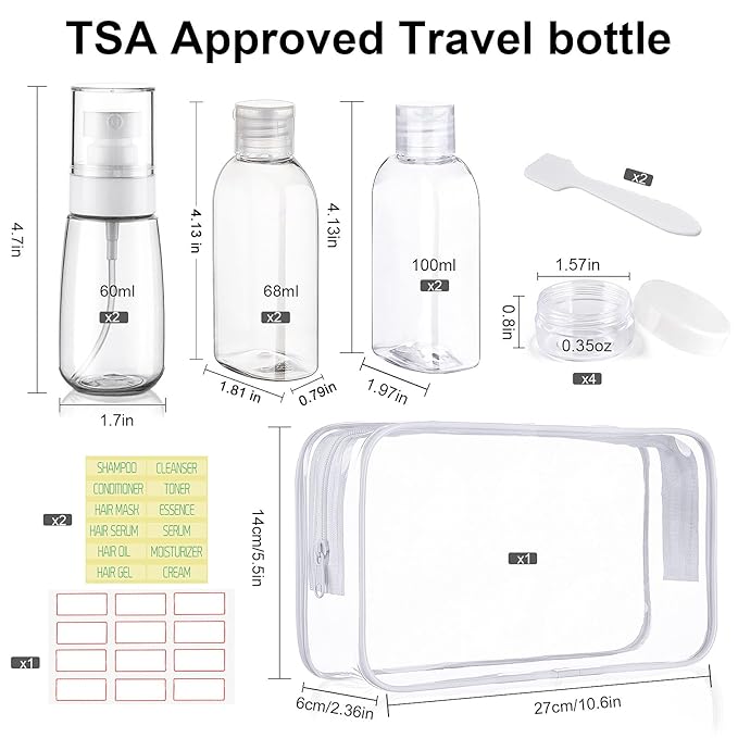 Travel Size Bottles for Toiletries 10 Pack Travel Size Toiletries TSA Approved Shampoo and Conditioner Bottles Refillable Spray Bottle Leak Proof Small Cream Jars for Body Wash Lotion