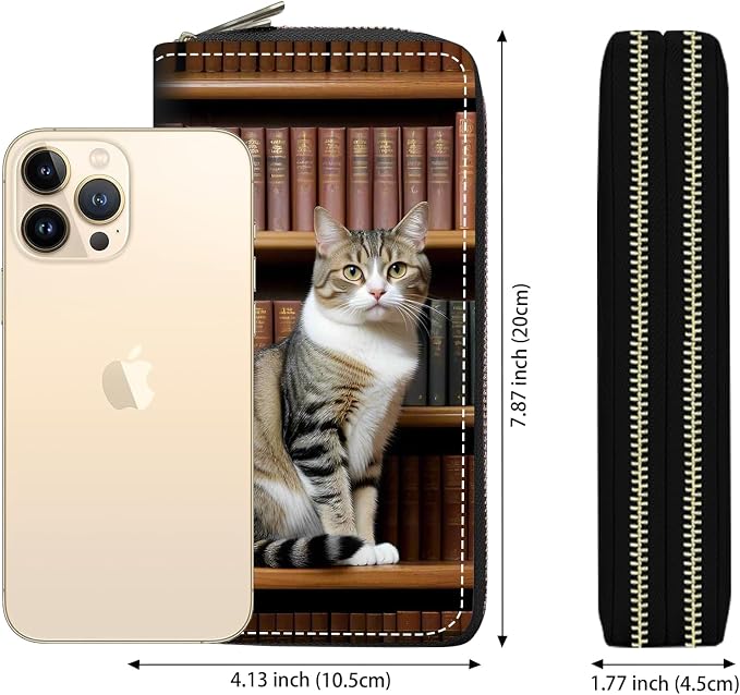Women's Large Capacity Wallet PU Leather Double Zipper Clutch Purse Multifunctional Wallet with Removable Wristlet Strap for Smart Phone/Coin/Card/Cash, Cat On Bookshelf