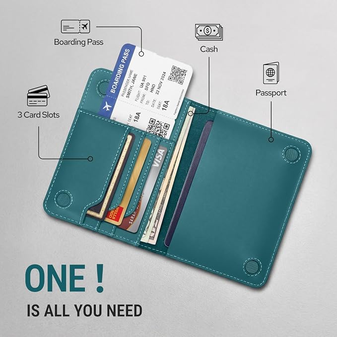 ALLIVE Passport Holder for Travel Essentials, Genuine Leather Passport Holder with AirTag Slot, RFID Blocking Passport Cover Travel Wallet, Must-Have Travel Accessories for Women Men (Lake Blue)