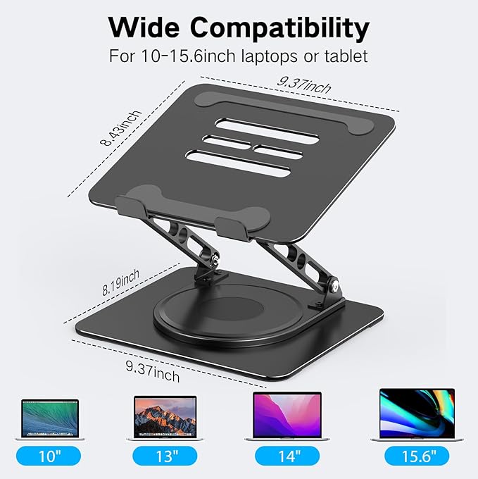 Adjustable Laptop Stand for Desk with 360 Rotating Base, Metal Foldable Laptop Riser Holder, Portable Desktop Book Stands, Ventilated Cooling Computer Notebook Stand Compatible with 10-15.6” Laptops