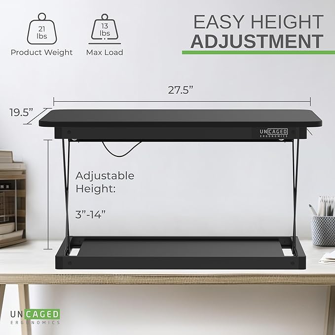 Uncaged Ergonomics Changedesk Mini Small Standing Desk Converter Height Adjustable Desktop Sit-To-Stand Up Desk Riser Laptop Table Top Standing Converter, Black