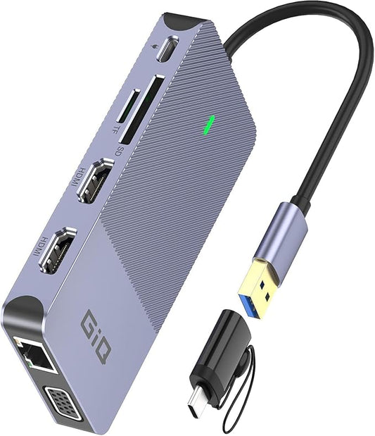 USB Docking Station GIQ USB C HUB USB 3.0 to Dual HDMI VGA Adapter Triple Display USB C Laptop Docking Station Dual Monitor HDMI Splitter Extender Compatible with MacBook M1 M2 M3 M4 M5 USB Dock