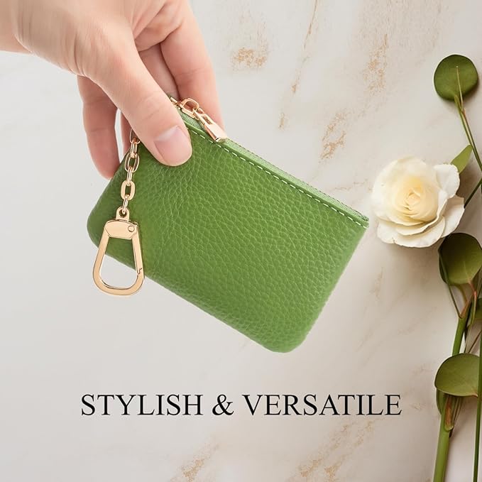Full Grain Leather Coin Purse with Key Chain - Small Change Purse Keychain Card Holder Keychain Pouch Small Keychain Wallet for Women and Men (Grass Green)
