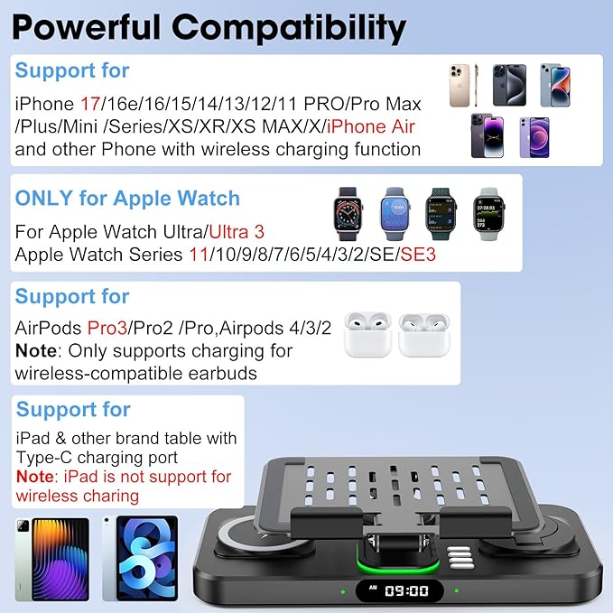 6 in 1 Wireless Charger for Apple Multiple Devices, Charging Station with Clock &7 Color Ambient Light, Foldable Rotate Stand for iPad, for iPhone17/16/15, Support for Apple Watch11/10 For AirPods4