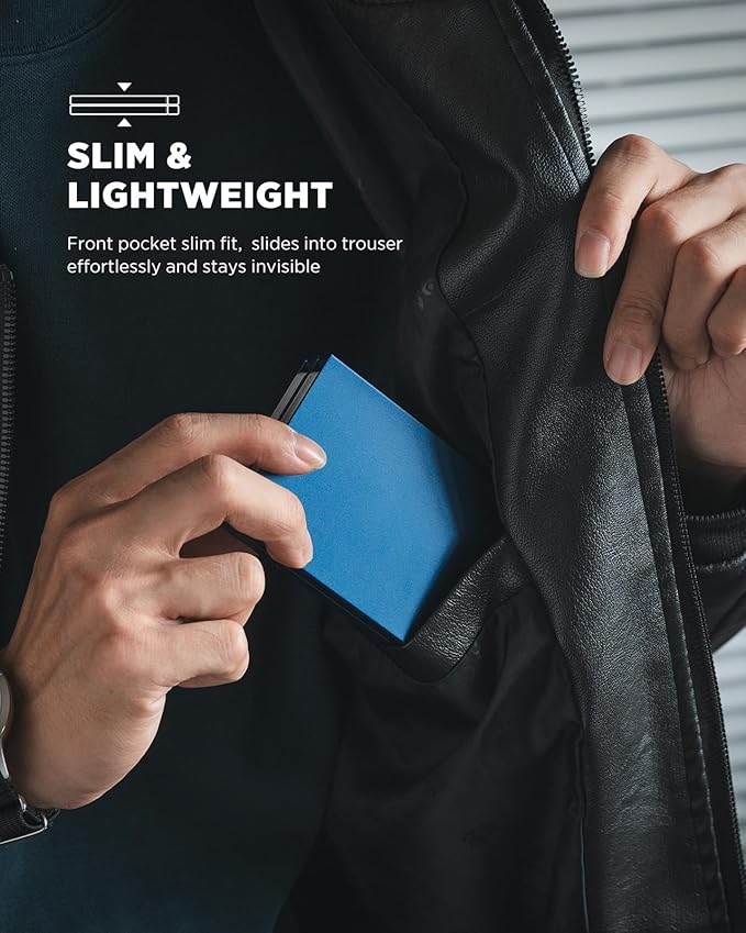 VULKIT Men's Double Sided Pop Up Credit Card Holder, Slim Twin Push Button Ejection Wallet Holder with RFID Blocking, Aluminium Alloy Frame Metal Card Case, Holds 12-16 Cards (Navy)