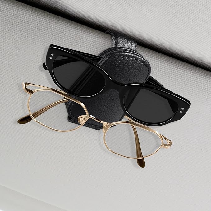 Vanjua 2 Pack Magnetic Leather Sunglass Holder for Car Visor, Universal Visor Sunglasses Holder Clip Car Accessories (Black)