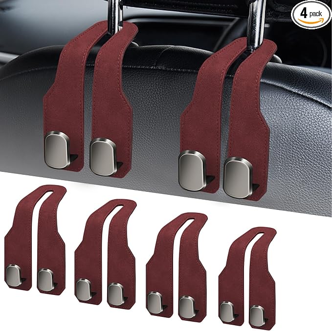 Car Seat Headrest Hooks for Purses and Bags, 4 Pack Bag Purse Holder for Car With Double Metal Hooks, Car Purse Hanger, Headrest Back Seat Handbags Hook Cute Hanging Accessories, hot pink