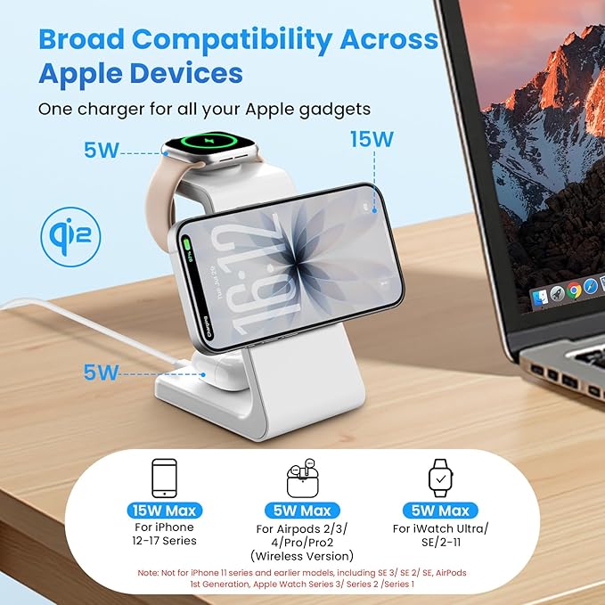 Magnetic Wireless Charging Station for iPhone: 3 in 1 Qi2 Certified 15W Fast Charging for iPhone 17-12, Apple Watch & AirPods, N52 Magnets & 30W Adapter Included (Office/Bedside/Desk)