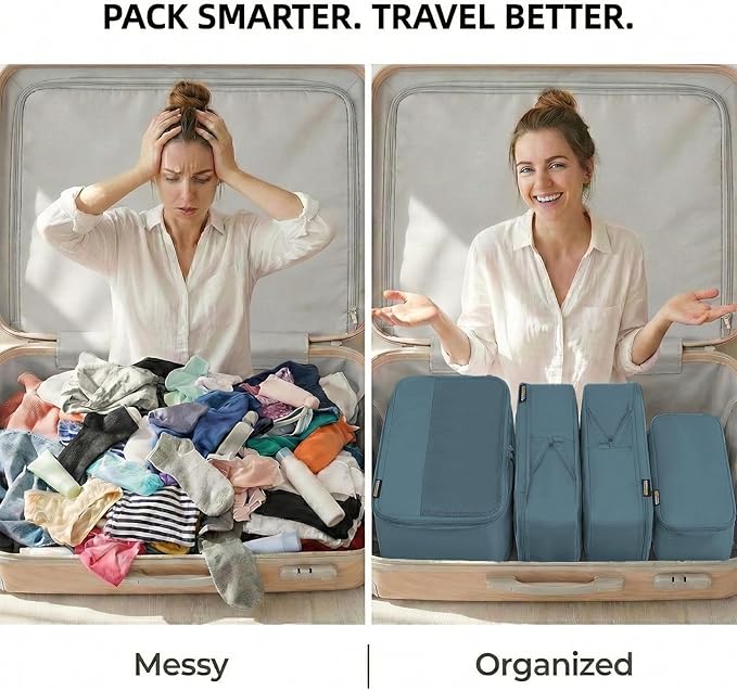 4 Piece Compression Packing Cubes for 3–7 Day Travel, Lightweight Travel Organizers with Breathable Mesh, Double-Zipper Packing Cubes for Carry-On & Suitcases (Gray Blue)