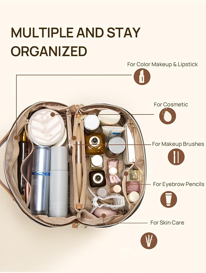 Telena Leather Make Up Bag Portable Travel Makeup Bag Waterproof Cosmetic Bags for Women Large Capacity With Handle and Divider Open Lay Flat