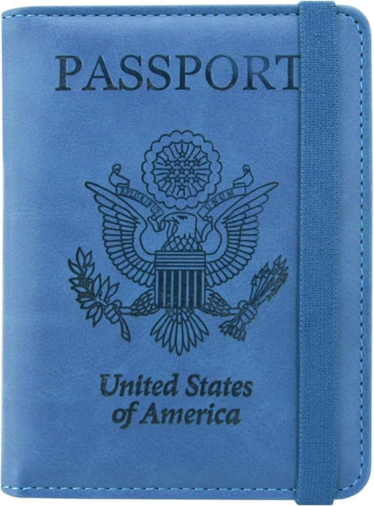 ACdream Passport and Vaccine Card Holder Combo, Cover Case with CDC Vaccination Card Slot, Leather Travel Documents Organizer Protector, with RFID Blocking, for Women and Men, C - Light Blue,
