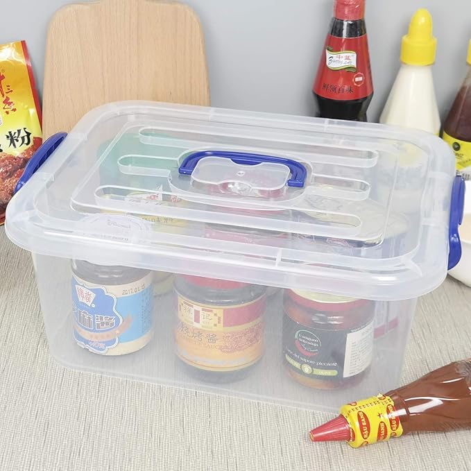 2 Packs 8 Quart Plastic Stackable Storage Boxes with Transparent Lid and Deep Blue Handle