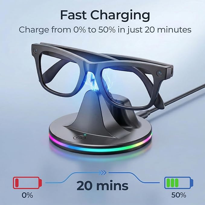 Charging Dock for Meta Ray-Ban Glasses, Charging Stand Compatible with Wayfarer, Skyler, Headliner & Oakley Meta HSTN, with USB-C Cable and 7-Color RGB, Black