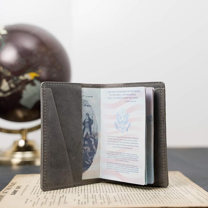 PEGAI Personalized Leather Passport Holder Cover Wallet Travel Essentials | 100% Soft Touch Rustic Travel Wallet Case, International Travel Must Haves | DeKalb (Rock Gray)
