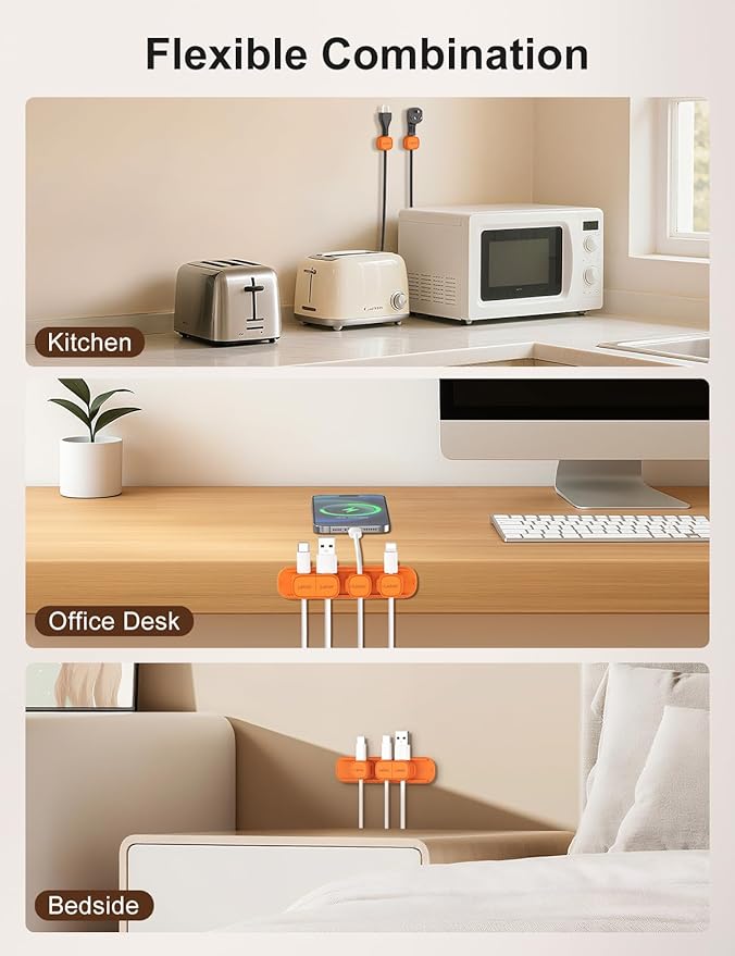 6 Pack Magnetic Cable Clips [1s Open/Lock], Laitver Cord Organizer Holder Strong Adhesive Desk Cable Management- Organize Charging Cords Neatly for Home, Office, Car,Desk, Nightstand-Orange