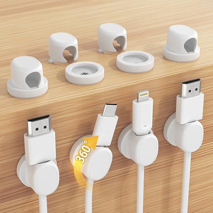 Rotatable Cord Holder, Snap-Lock Cable Clips, 8 Pack Adhesive Cord Organizer, Phone Charger Wire Organizer Keeper for Nightstand Car Kitchen Office Accessory,White