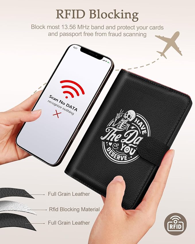 Slohif Passport Wallet Holder Cover for Travel - Women Men RFID Blocking Passport Book Case Protector, Black Fun Skull Skeleton Leather Personalized Organizer Slim Carrier Boarding Pass Cards Slots