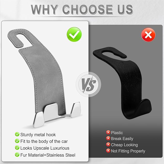 GaRhomxy Car Seat Headrest Hook, Premium Suede Double Hook 2 Pack, Universal Hanging Accessories for Purse, Bag, Groceries - Car Interior Accessories (Gary)