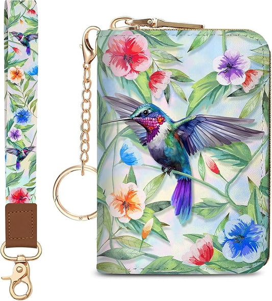 Blusabaca Credit Card Holder for Women, Bird Small RFID Blocking Wallet with Wristlet Strap, Keychain Wristlet Zipper Women Wallet, Leather Card Case, Accordion Card Wallet Purse with Key Lanyard