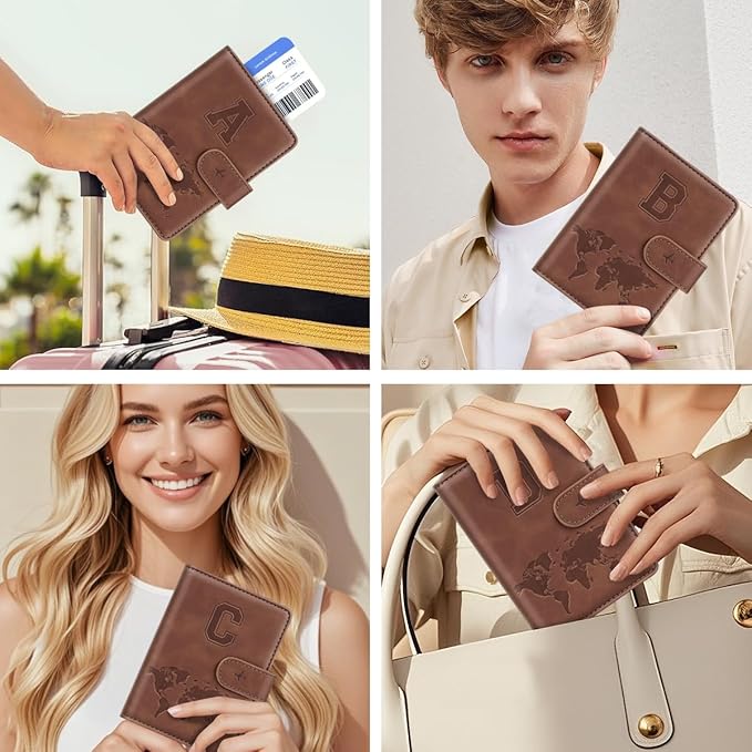 Passport Holder Wallet Cover Personalized Letter A-Z Travel Wallet RFID Blocking Passport Cover Wallet Case for Travel Passport Book Holders for Women and Men, Brown-B