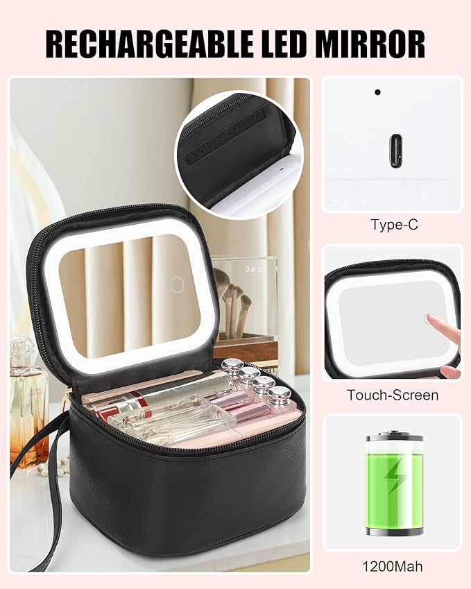 Relavel Initial Makeup Bag with Led Mirror, Mini Make Up Bag for Women Girls, Personalized Cosmetic Bag with Adjustable Brightness, Rechargeable Make Up Bags Pouch for Birthday Gifts - Black O