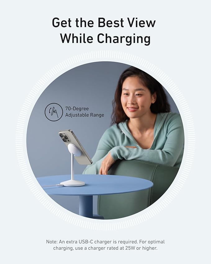 Anker MagGo iPhone 17 MagSafe Charger Compatible Stand, 15W Fast Magnetic Wireless Charging Station, Qi2 Certified 360° Wireless Charger (White, with Cable)