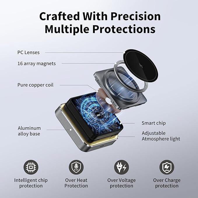 【2026 Upgraded】 Magnetic Wireless Charger 3 in 1, Foldable Charging Station with Night Light for Apple MagSafe Charger, Travel Charger Stand, Nightstand Fast 15W Charging Station (with Adapter)