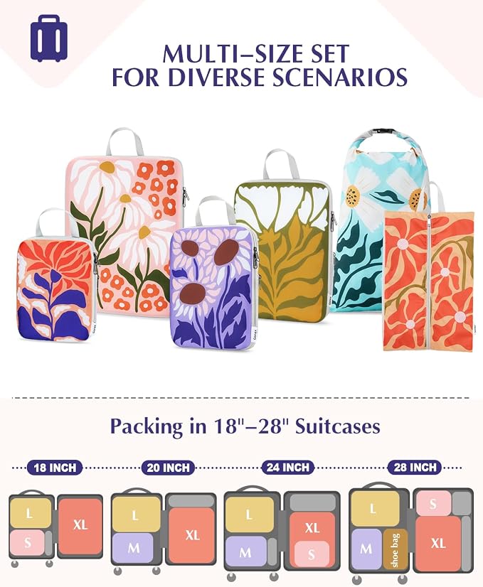 Gonex Compression Packing Cubes, 6pcs Expandable Storage Travel Luggage Bags Organizers with Shoe Bag Laundry Bag, Travel Cubes for Suitcase Carry On (Flowers)