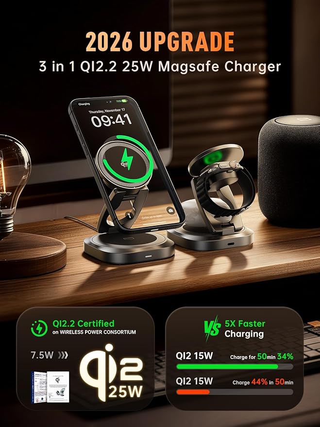 REWONDER Qi2.2 25W Magnetic 3-in-1 Wireless Charger, Foldable Aluminum Charging Stand for iPhone 17/16/15, Pixel, Apple Watch & AirPods, Strong Magnet Stable Base,Travel Charger (Adapter Not Included)
