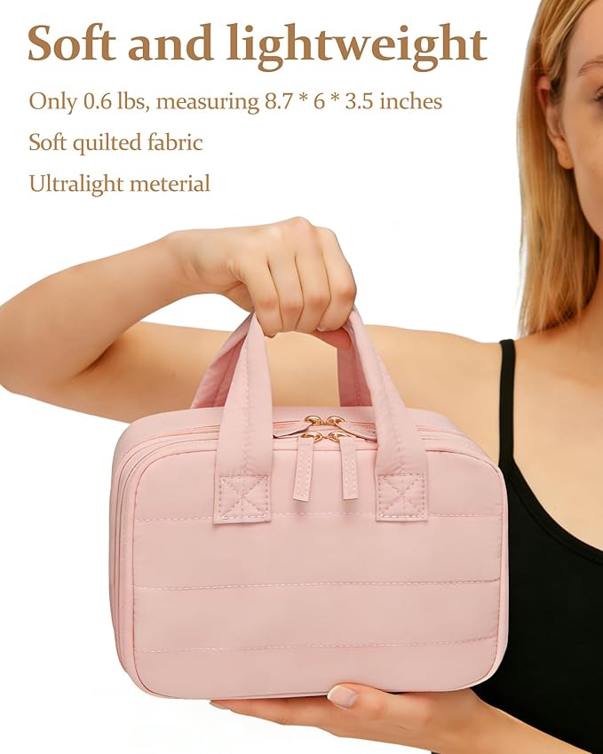 Small Makeup Bag, Travel Cosmetic bag, Toiletry Bag For Women, Make up Bag With Brush Storage, Hanging Toiletry Bag, Puffy Padded Makeup Organizer Case, Wide-open Travel Essentials (Pink)