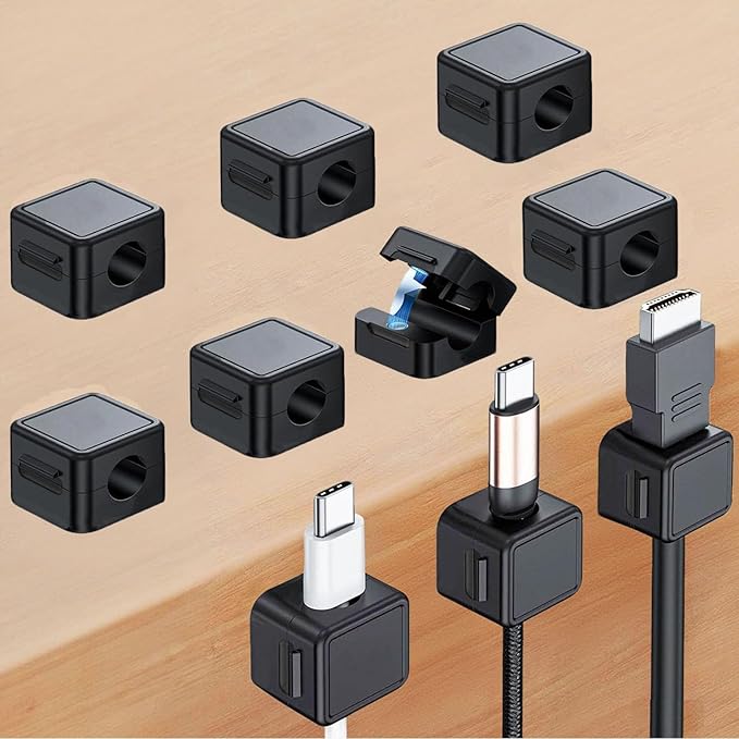 10 Pack Cord Organizer, Magnetic Cable Management, Cord Holder for Desk, Adhesive Cable Clips Wire Keeper for Nightstand, Home, Office, Desktop, Car, Wall (Black)