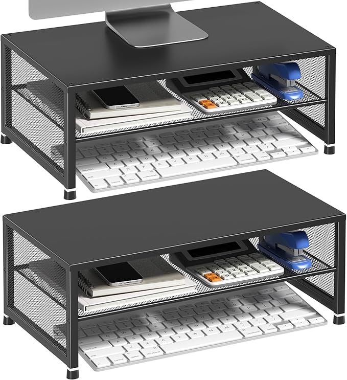 ECOLOVI 2-Tier Computer Monitor Stand Riser, Desk Organizer for Monitor, Printer & Laptop Stand, Desktop Workspace Organizers for Office Supplies(Black 2-Pack)
