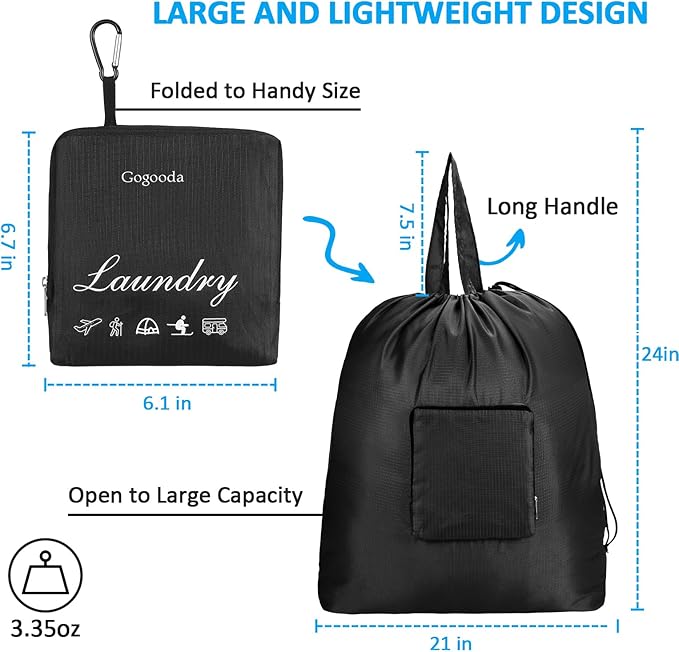 GOGOODA Travel Laundry Bags with Drawstring Closure XL Large Foldable Dirty Clothes bags with Handle Heavy Duty and Washable for College Dorm Travelling Camping, 2 Pack, Black & Dark Blue