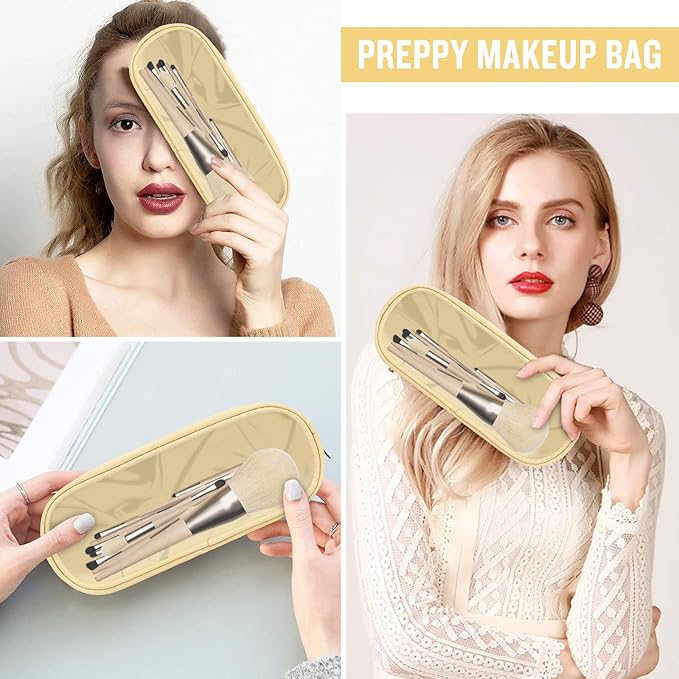 Nylon Small Clear Makeup Bag Slim Pencil Pouch, Cute Makeup Bag Preppy Cosmetic Zipper Pouch Pencil Case for Purse, Travel PVC Toiletry Bag Clutch Coin Pouch Makeup Brush Bag for Women Girls(Beige)