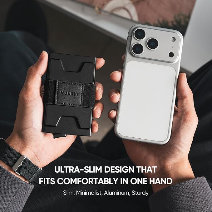 VULKIT RFID Blocking Card Holder Wallet for Men, Aluminum Expandable Backplate, Slim Minimalist Metal Pop Up Wallet, Holds 15+ Cards & Cash, Black