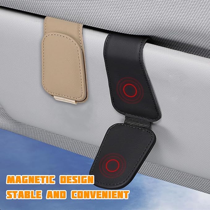 Sunglasses Holder for Car Visor, Microfiber Leather Magnetic Sun Visor Eyeglasses Hanger & Ticket Card Clip, Multi-Function Automotive Interior Glasses Mount, Universal Fit (Beige)