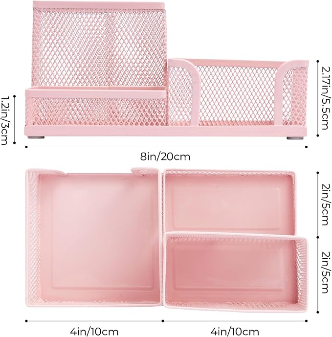 M&G Mesh Pen Holder Desk Organizers Pencil Holder for Desk Pink, 3 Compartments Metal Office Supply Organizer with Sticky Notes Holder for Home Office