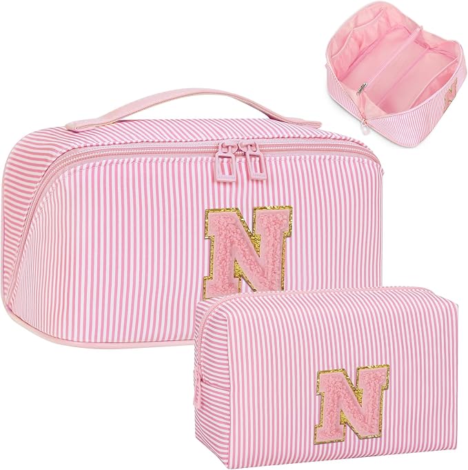 Initial Makeup Bag, Portable Water-resistant Monogram Cosmetic Bag Set, Travel Toiletry Bag with Brush Holder, Personalized Gifts for Friend Teacher Mom Wife, Pink N