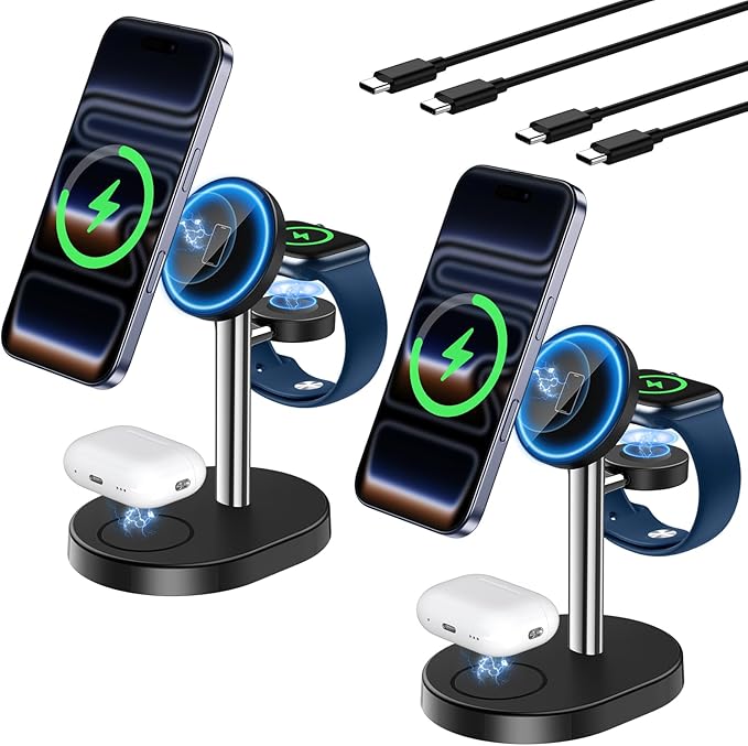 2 Pack Hevanto 2026 3 in 1 Wireless Charging Station for Apple MagSafe Charger, 15W Fast Magnetic Mag-Safe Charger Stand for iPhone 17 16 15 14 13 12 iWatch AirPods (Adaptor Not Included),SilverBlack