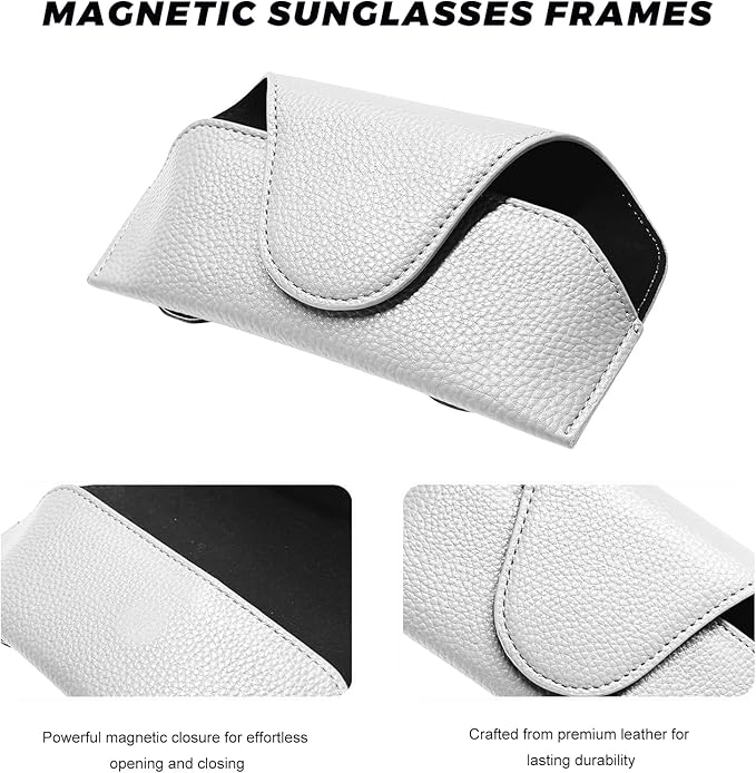 Sunglass Holder for Car Visor, Magnetic Auto Sun Visor Eyeglass Organizer with Dual Back Clips, Leather Glasses Protective Storage Case Universal for Most Vehicles Visors (White)