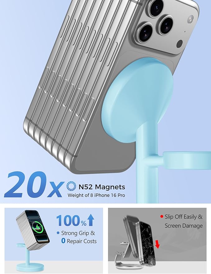 2026 3 in 1 Wireless Charging Station Compatible with MagSafe, 15W Fast Magnetic Mag-Safe Charger Stand for Apple iPhone 17 16 15 14 13 12 Series iWatch AirPods Pro 4 3 2, Iceblue