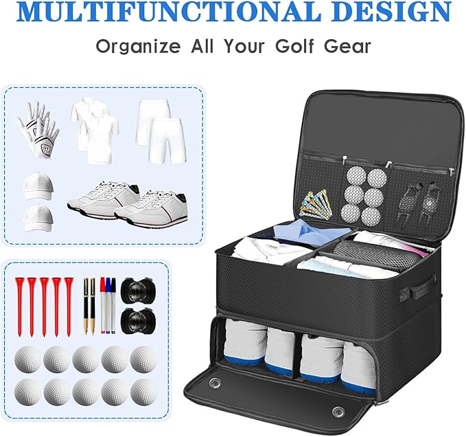 Golf Trunk Organizer, 2 Layer Car Trunk Locker with Separate Ventilated Shoe Compartment - Waterproof Golf Accessories Storage for Balls, Tees, Clothes, Gloves | Golf Gifts for Men Golfers