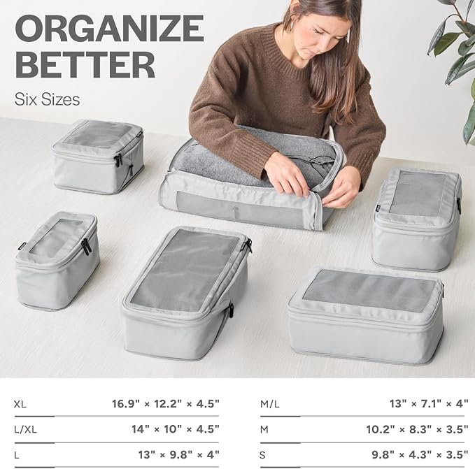 Aerotrunk Compression Packing Cubes for Travel - Luggage Organizer Bags - Double Zipper Packing Cubes for Suitcases (12-Pack, Light Grey)