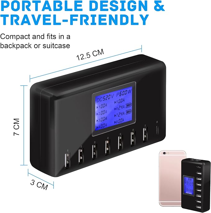 60W 12A 8-Port USB Charging Station - Multi Port USB Hub Charger - Compact Size LCD Display - Compatible with iPhone iPad Samsung Kindle Tablet Bluetooth Earbuds and More