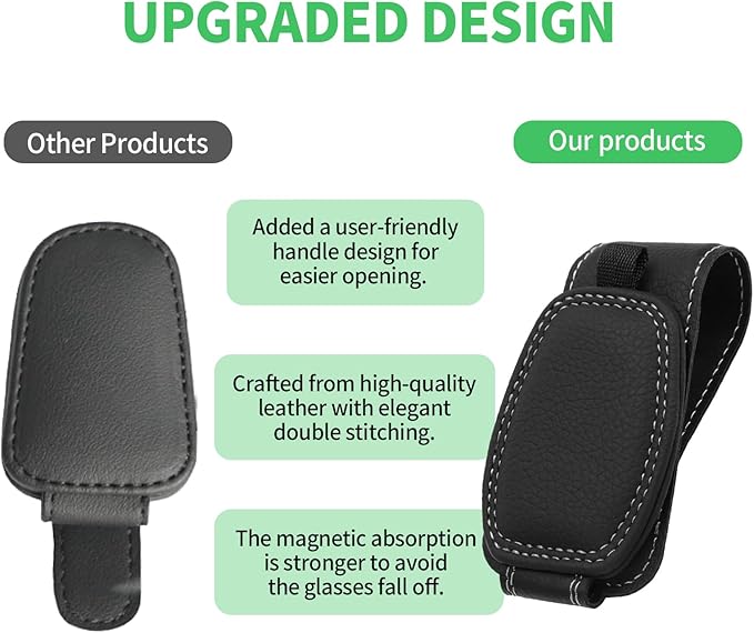 CJSD Sunglass Holder for Car, Premium Leather Sun Visor Clip Mount, Universal Fit Magnetic Clips, Interior Car Accessories- 2 Pack