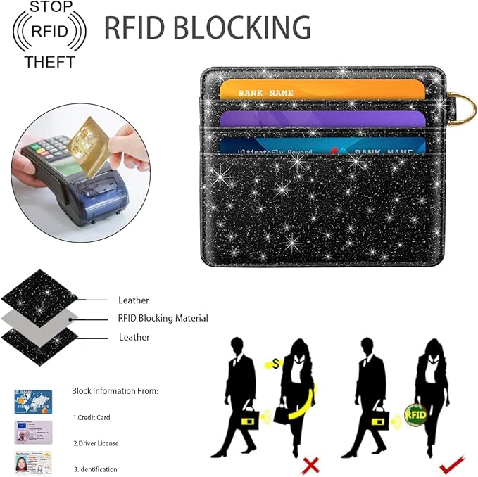 Slim Minimalist Front Pocket RFID Blocking Credit Card Holder Small Wallet Cute Card Cases for Women,Glitter Black