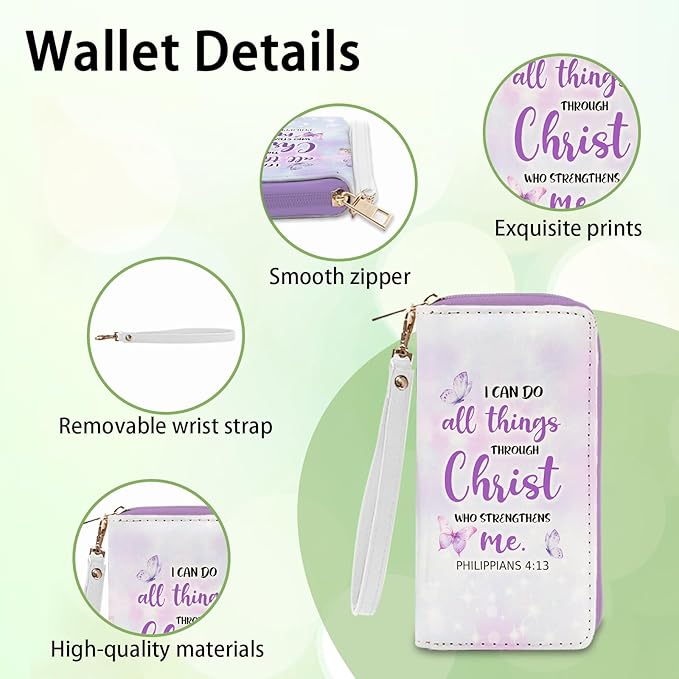 Christian Gift for Womens Wallet - Small Slim PU Leather I Can Do All Things Christ Wallet for Women with Zipper, Credit Card Holder Wallets, Wristlet Wallets for Female Girl (Inspire Religion Gift)