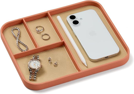Nordik Leather Valet Tray - Coral Blush Pink - 9.5 x 7.9 Inch Medium Vegan Leather Tray - Stylish Nightstand Organizer for Men - Modern Bedside Caddy - EDC Catchall for Key Watch Wallet Jewellery
